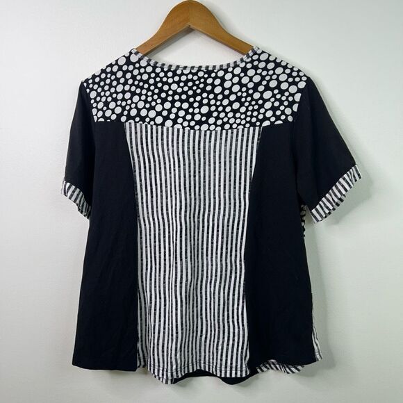 Parsley & Sage Boho Patchwork Top L Black White Polka Dot Stripe Artsy Button - Picture 8 of 11